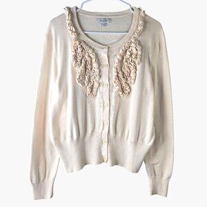 Van Heusen Ruffle Cardigan Sweater‎ XL Cream White Cotton Preppy Minimalist Top